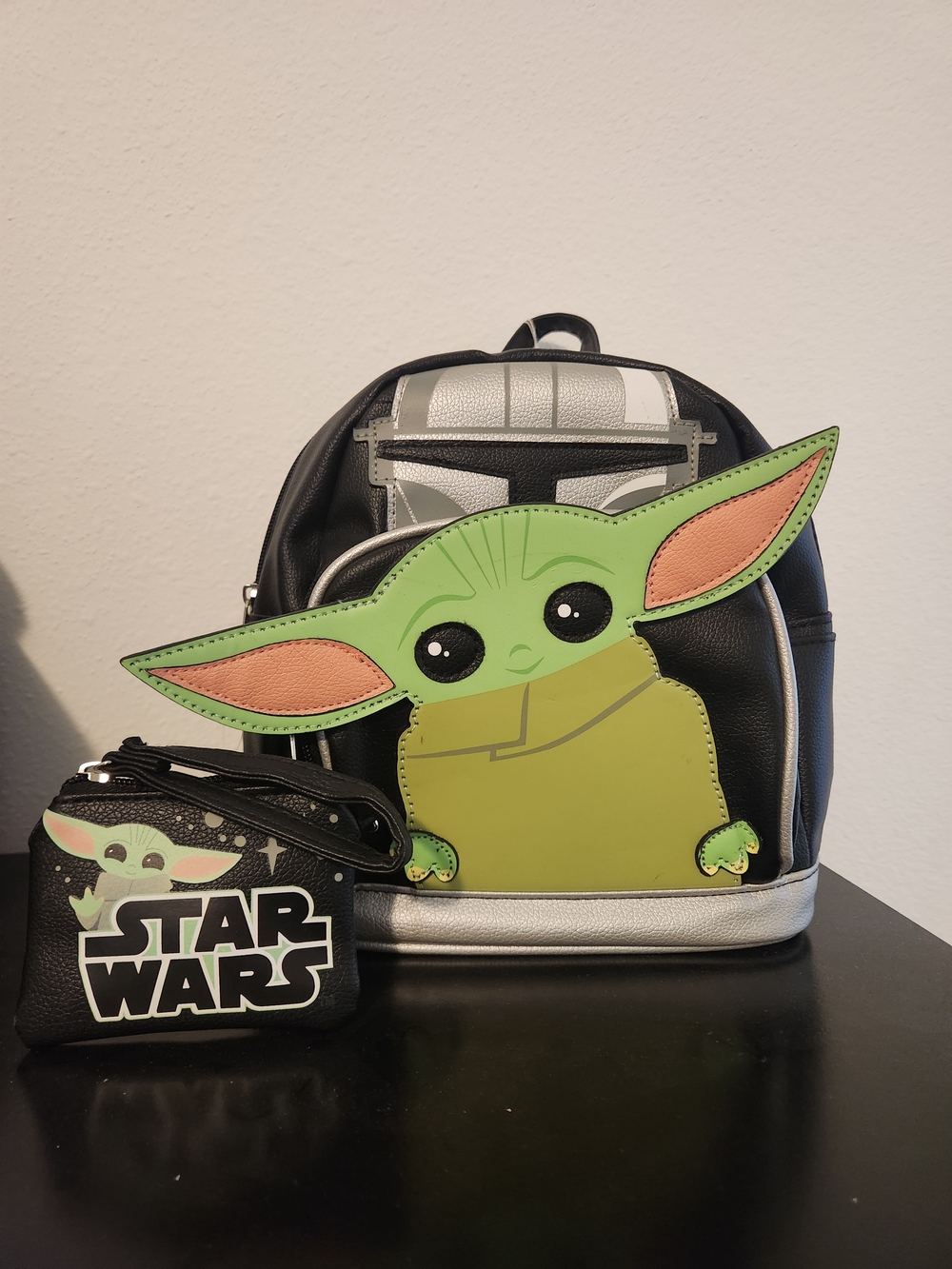 Star Wars Baby Yoda Black Faux Leather Mini Backpack with Coin Purse 10x9 NEW